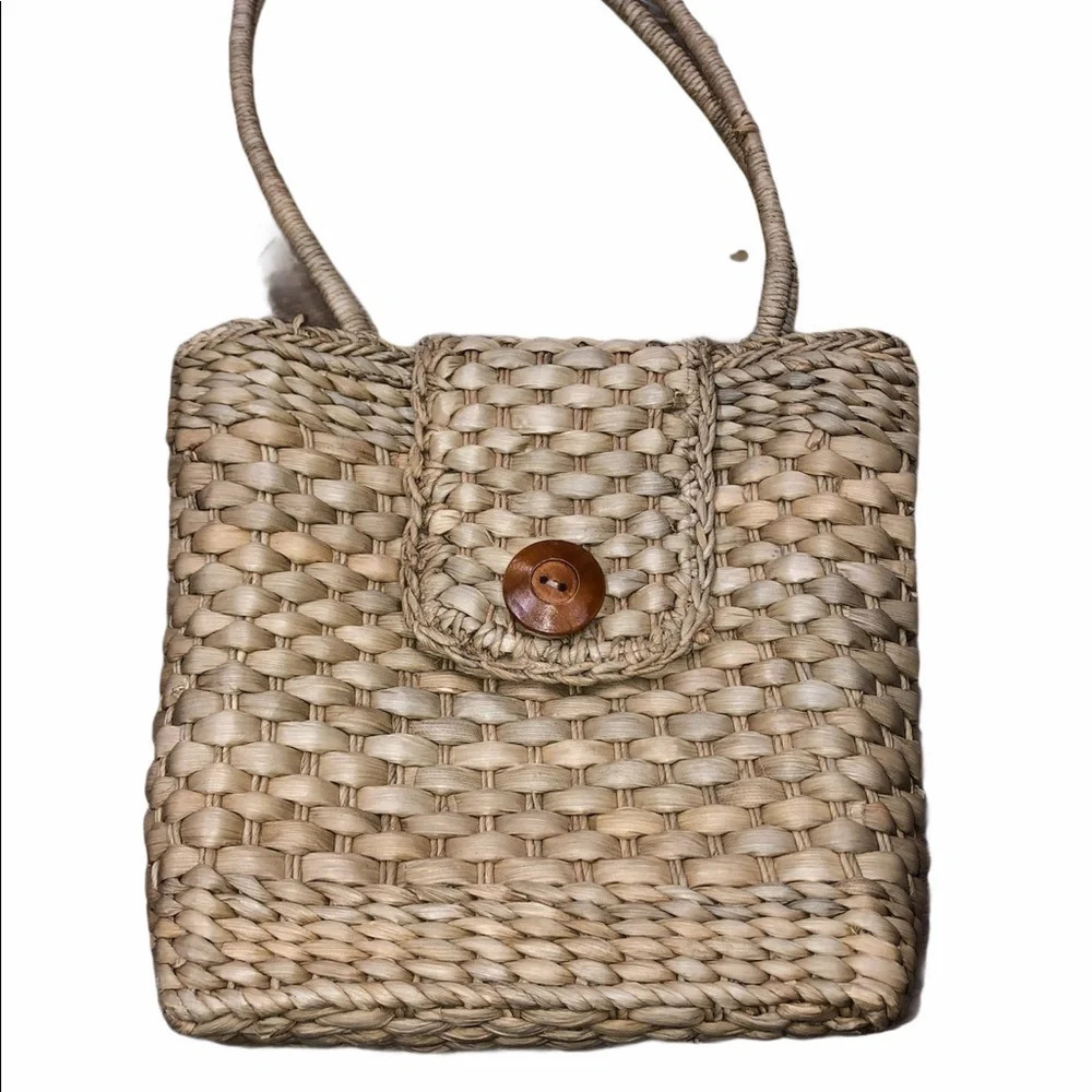 Vintage corn husk straw beach summer tote bag - Picture 3 of 9